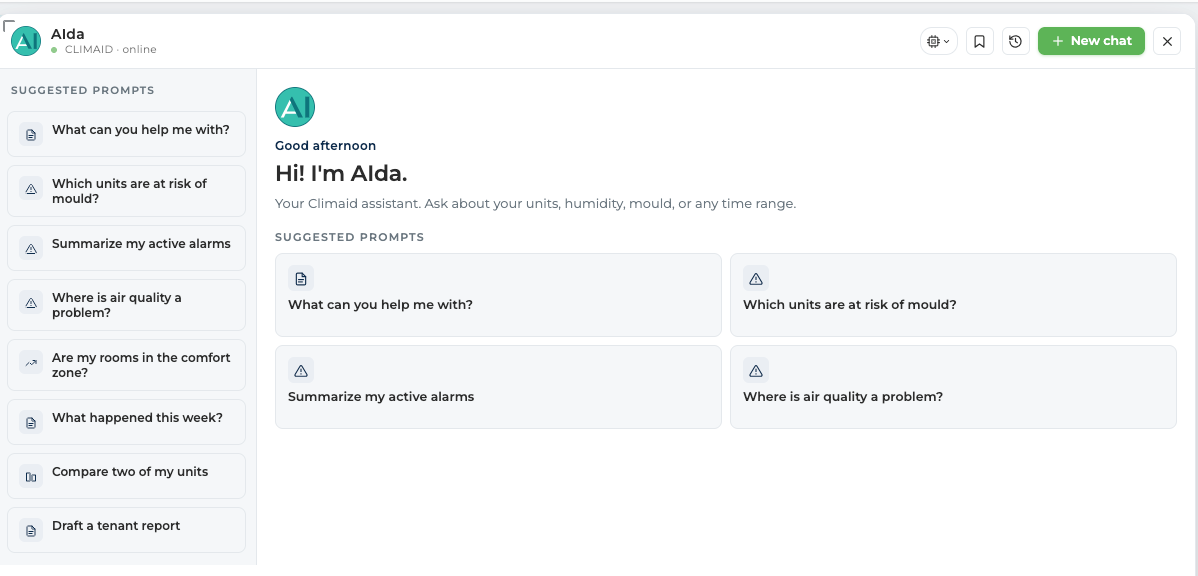 Aida in CLIMAID INSIGHT — chat panel with suggested questions about mould risk, active alarms and air quality